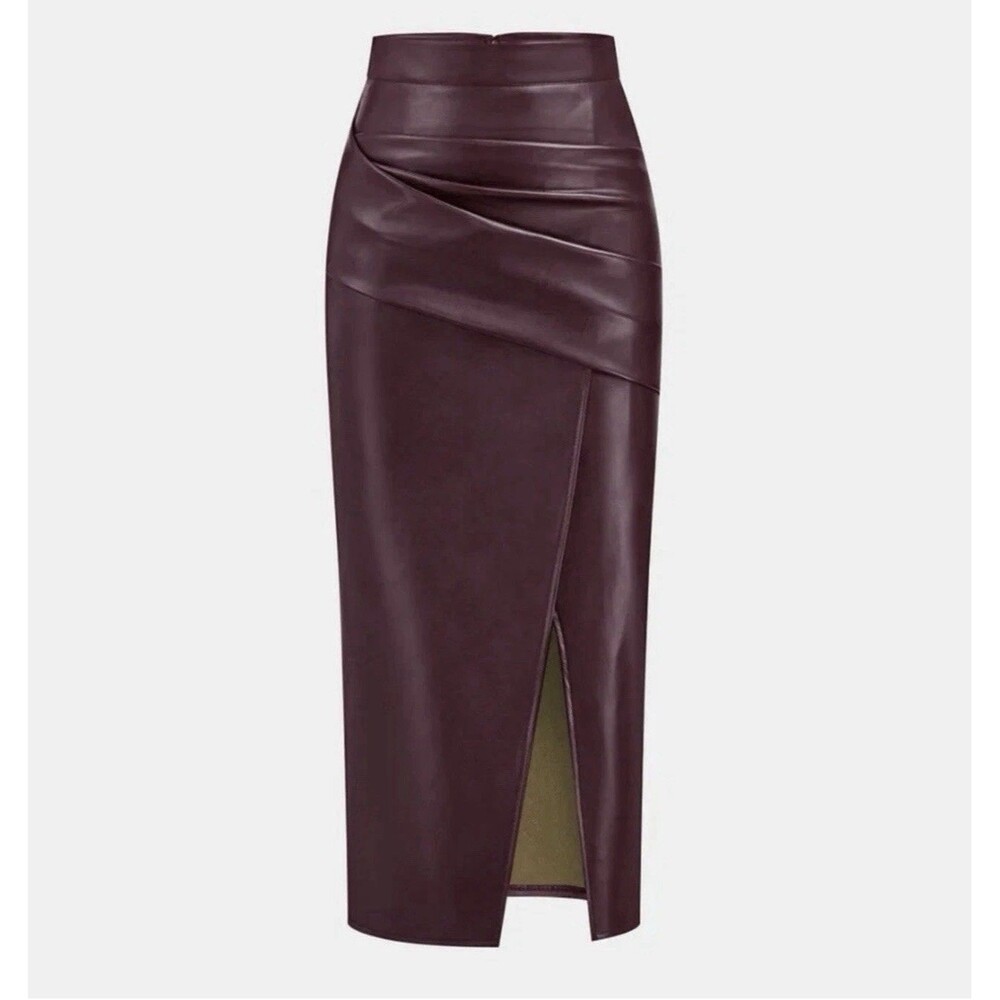 Commense Ruched Slit PU Faux Leather Burgundy Midi Skirt Women’s Size Large NWT